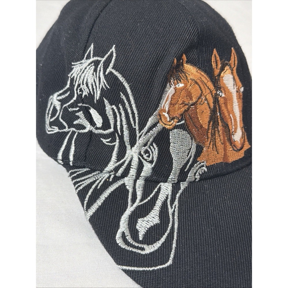 YX Hat Black Multicolor Embroidered Horse Heads Adjustable Strap Vtg Ranch Hat - Picture 13 of 16